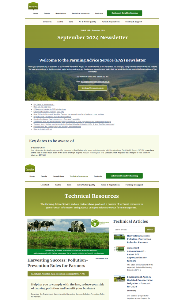 Screenshot of FAS Newsletter and Technical Resource pages