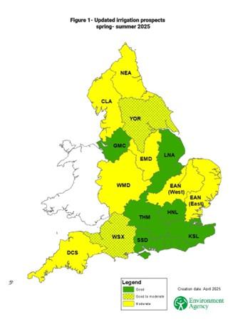 Figure 1 - map image of England showing updated irrigation prospects for spring-summer 2025