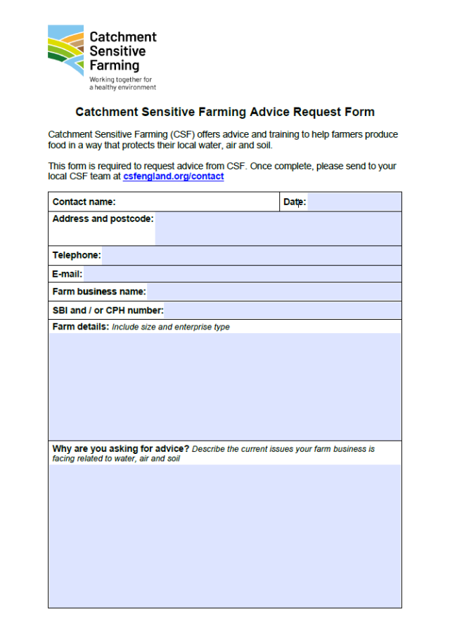 Screen shot image of Catchment Sensitive Farming Advice Request Form