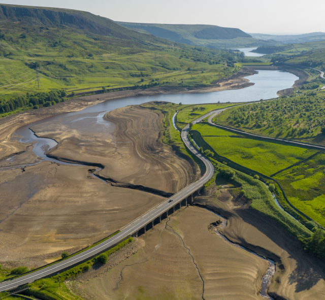 Aerial view of river valley with low water levels