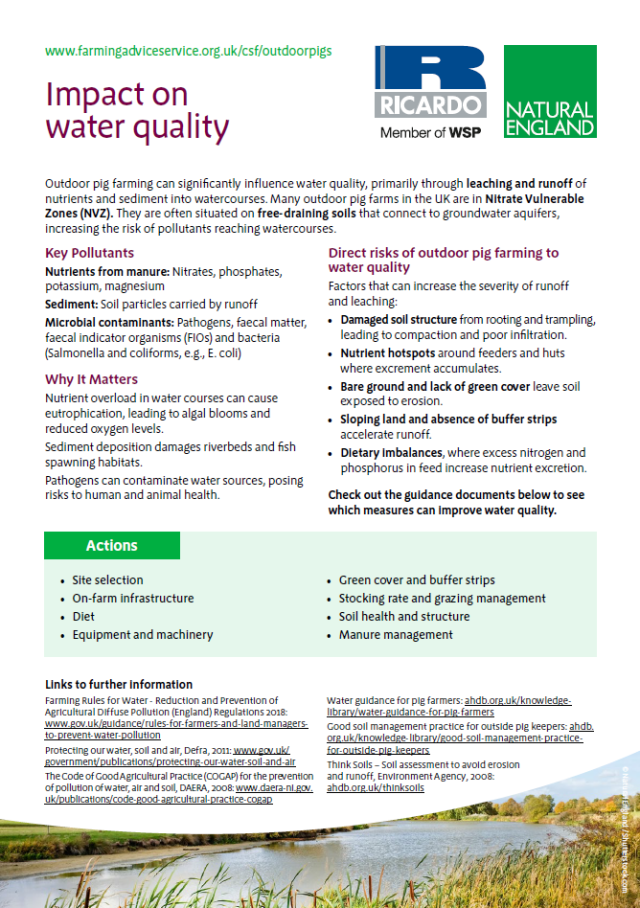 Natural England Outdoor Pigs Guidance - Impact on water quality guidance front page