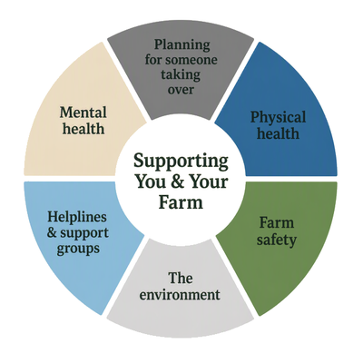 Circular wheel showing six areas of farm support: mental health, succession planning, physical health, farm safety, the environment, and helplines and support groups.