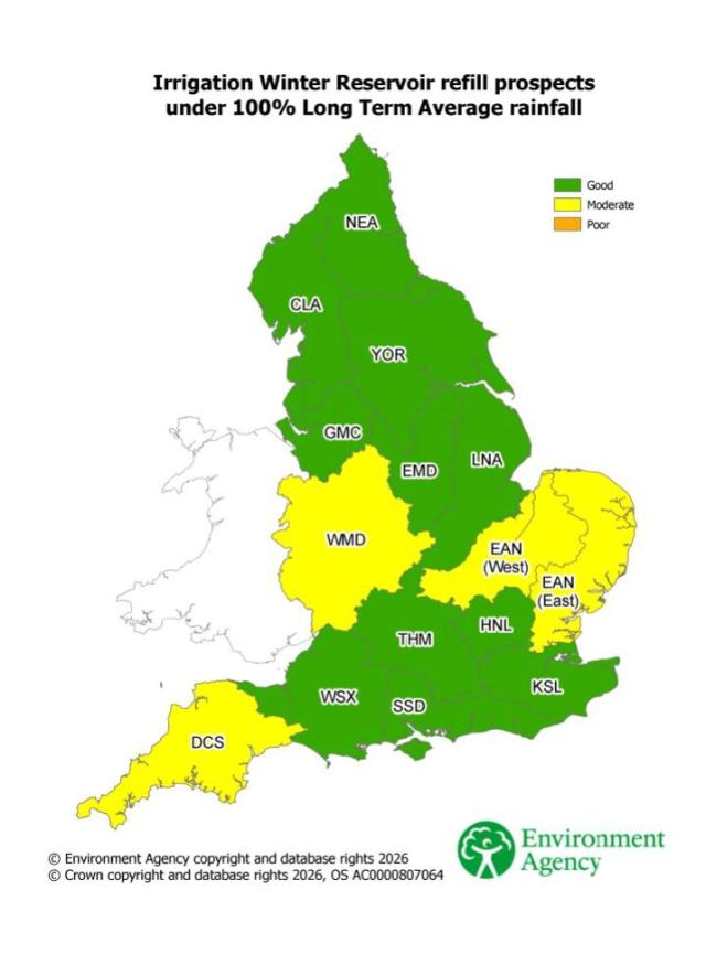 Colour coded map of England showing reservoir refill prospects for a 100% rainfall average