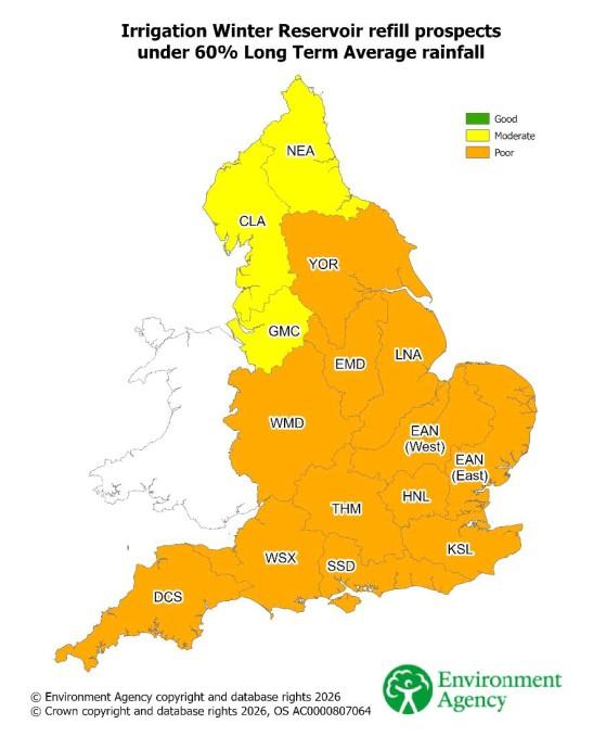 Colour coded map of England showing reservoir refill prospects for a 60% rainfall average