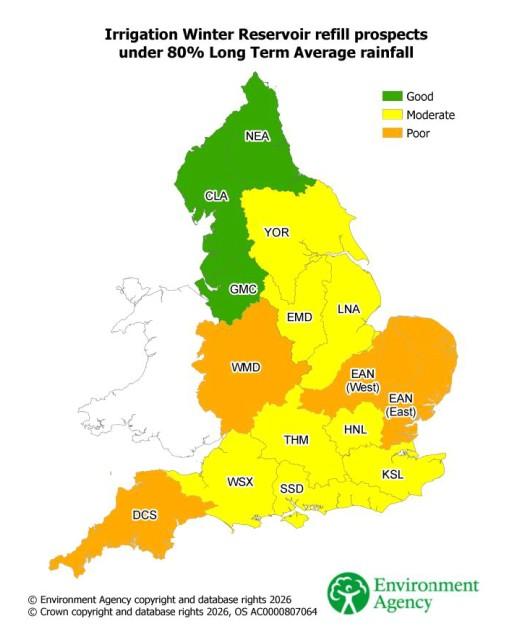 Colour coded map of England showing reservoir refill prospects for a 80% rainfall average