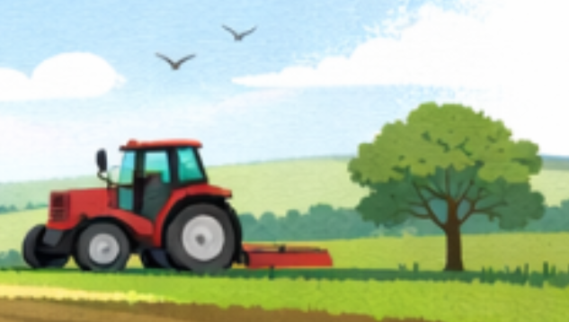 farm with tractor and trees