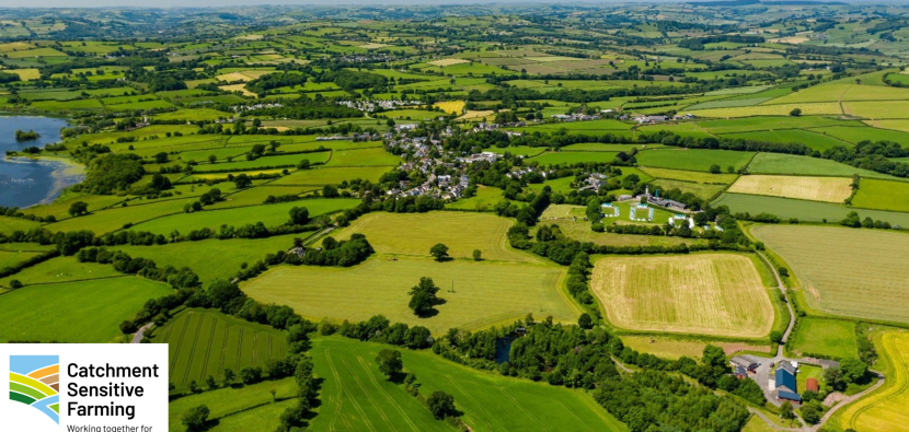 Aerial image of catchment landscape with CSF logo